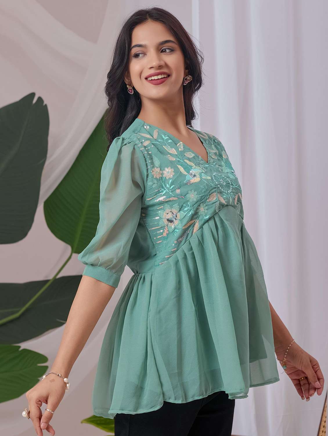 women embroidered puff sleeve a line top - 22143339 - Zoom Image - 0