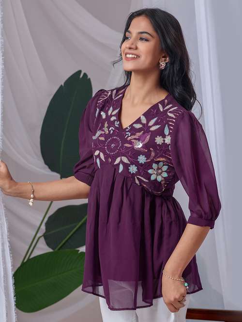women embroidered puff sleeve a line top - 22143340 - Standard Image - 0