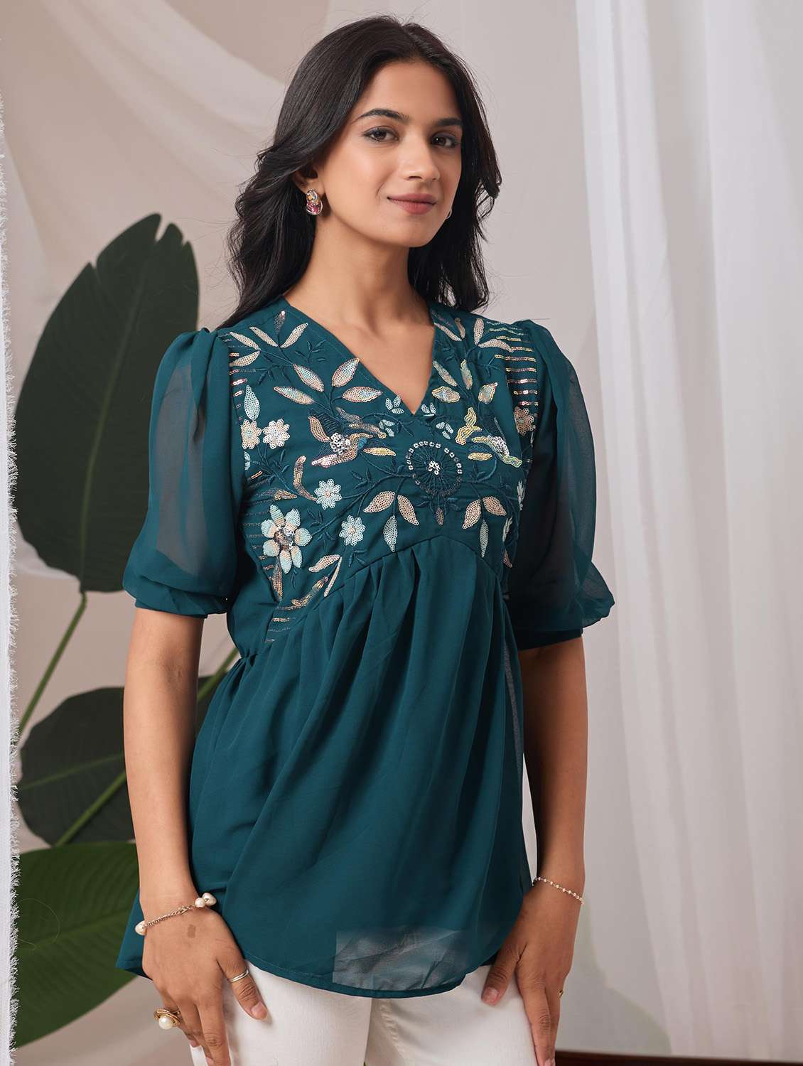 women embroidered puff sleeve a line top - 22143341 - Zoom Image - 0