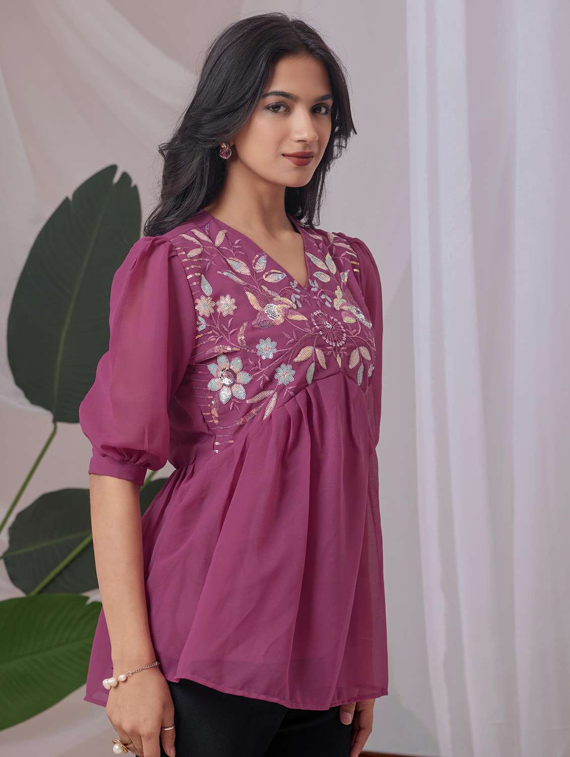 women embroidered puff sleeve a line top - 22143342 - Zoom Image - 0