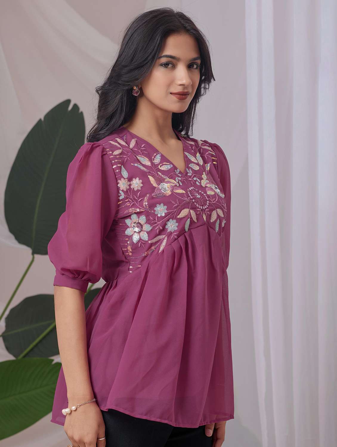 women embroidered puff sleeve a line top - 22143346 - Zoom Image - 0
