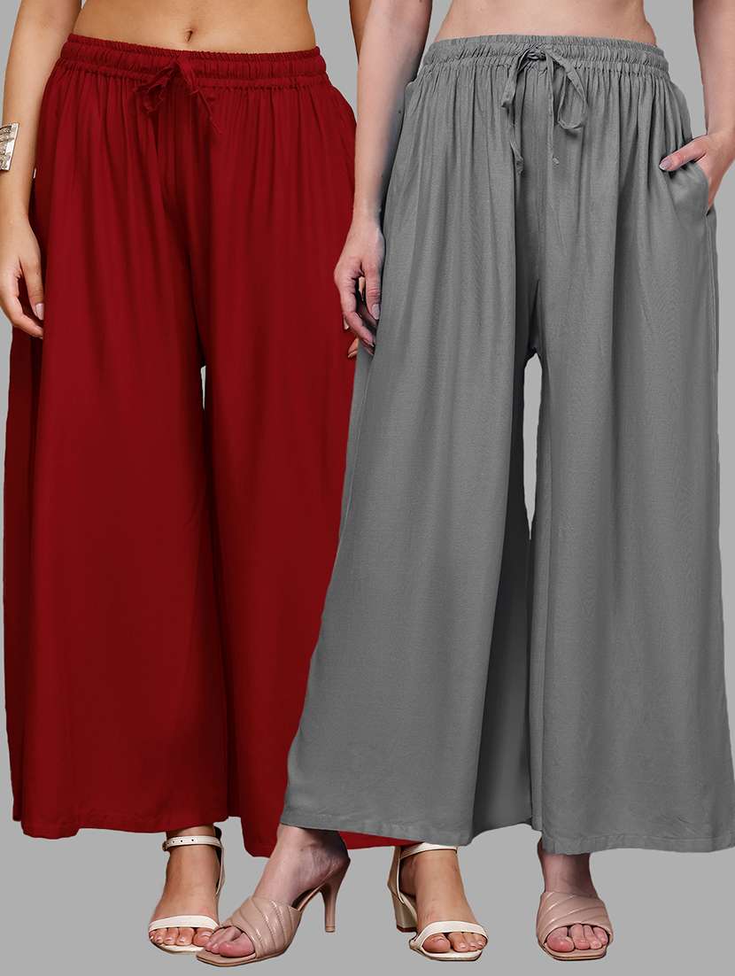 women pack of 2 solid mid rise flared palazzo