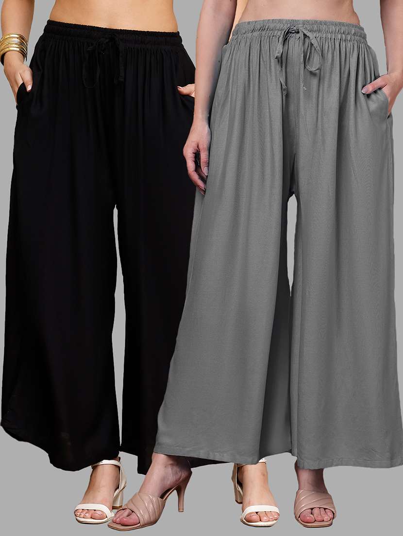 women pack of 2 solid mid rise flared palazzo