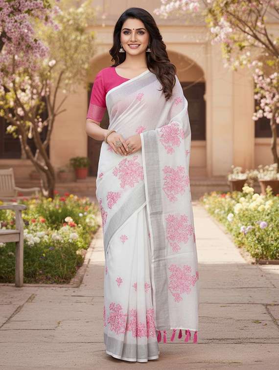 women solid with work embroidered saree with blouse - 22143623 -  Zoom Image - 0