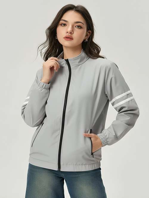 women solid stand collar long sleeve jacket - 22143719 - Standard Image - 0