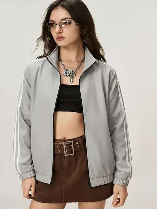 women solid stand collar long sleeve jacket - 22143720 - Standard Image - 0