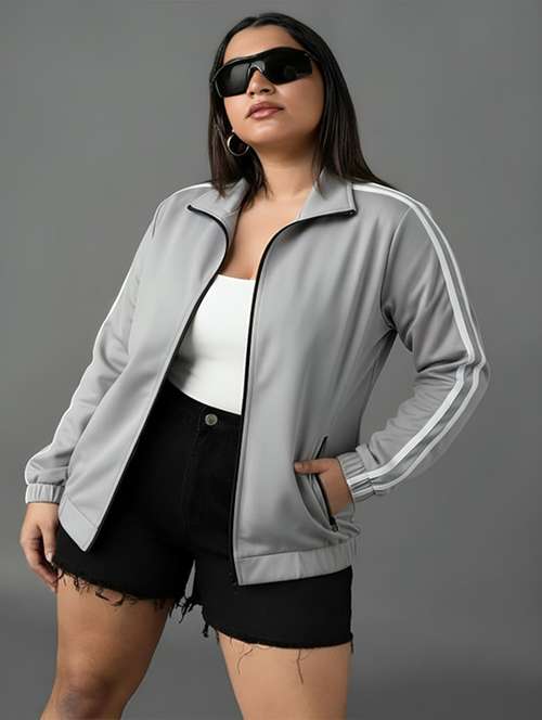 women solid stand collar long sleeve jacket - 22143721 - Standard Image - 0