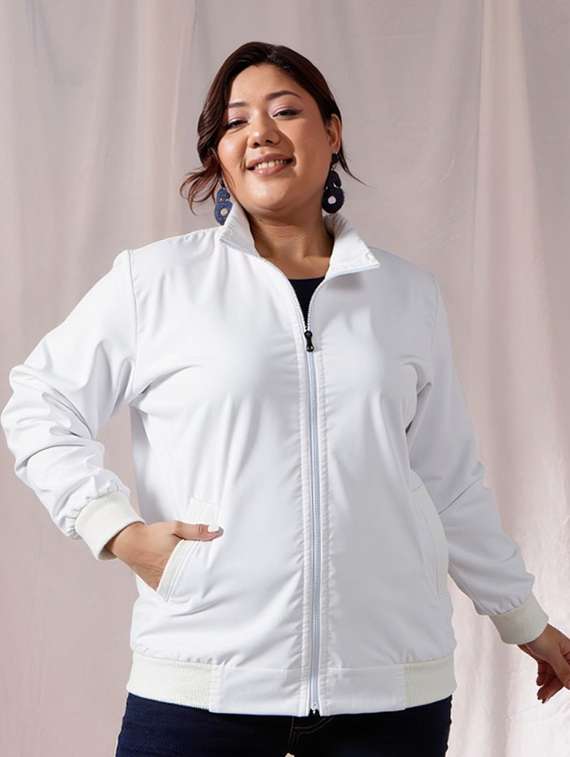 women solid stand collar long sleeve jacket