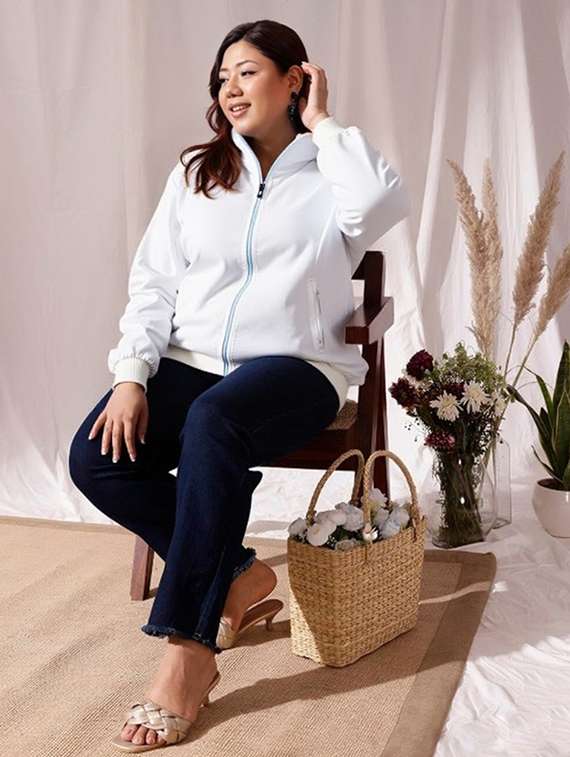 women solid stand collar long sleeve jacket - 22143744 - Standard Image - 3