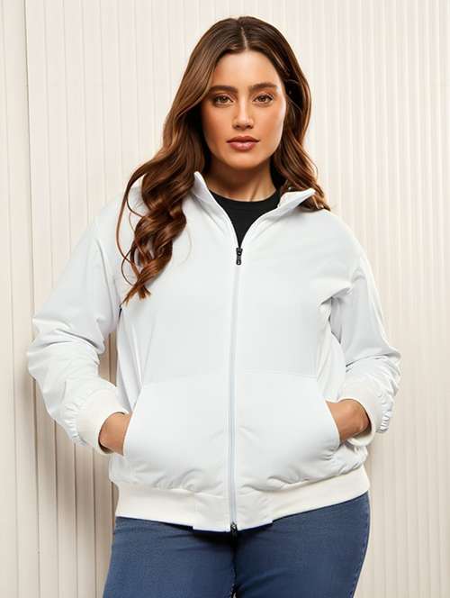 women solid stand collar long sleeve jacket - 22143745 - Standard Image - 0