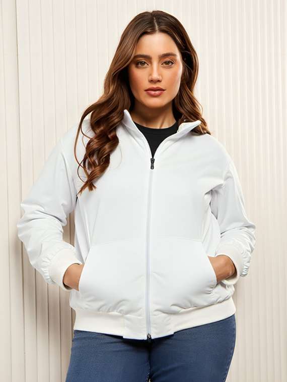 women solid stand collar long sleeve jacket