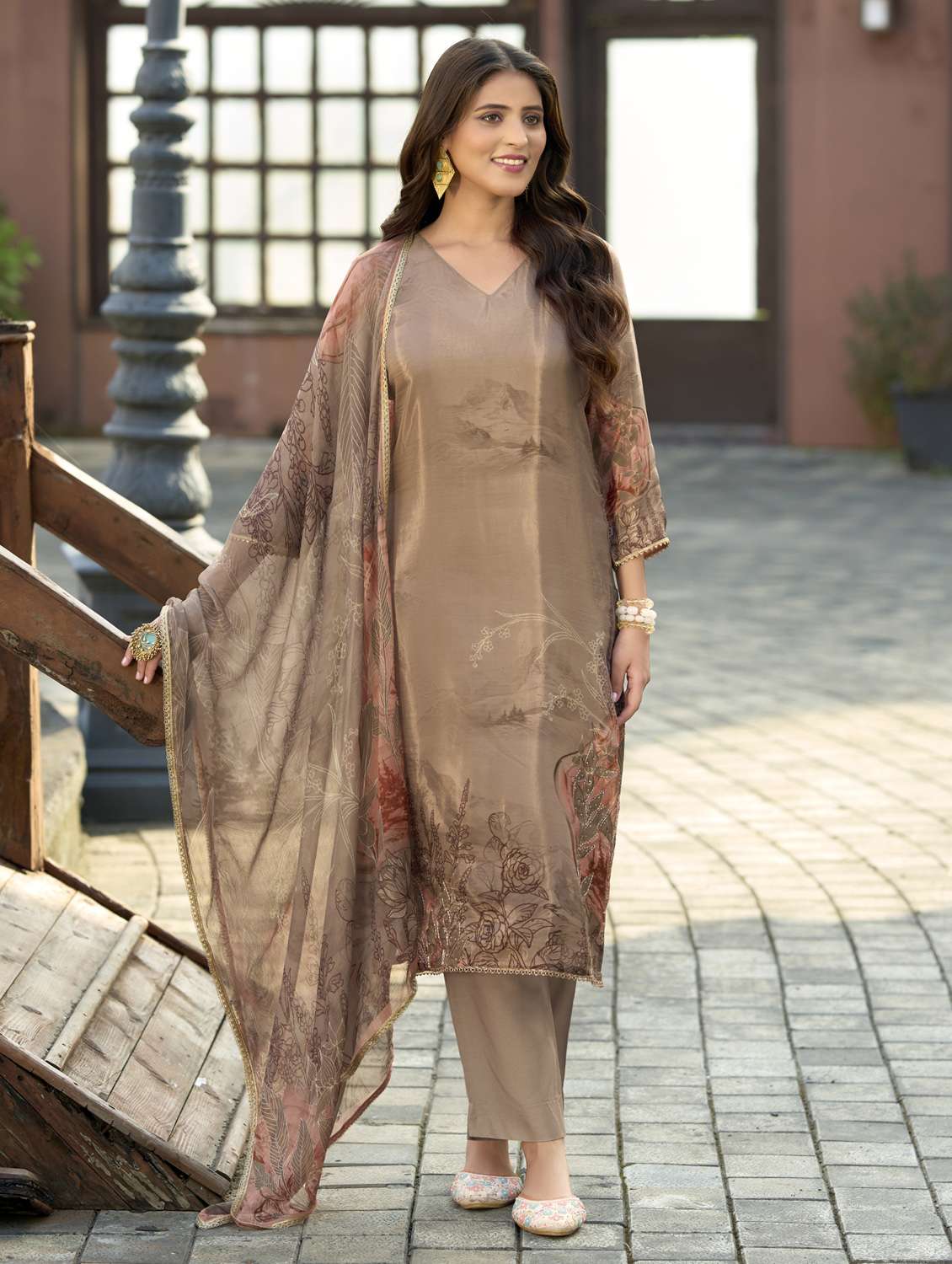 women floral printed three quarter sleeve kurta pant with dupatta set