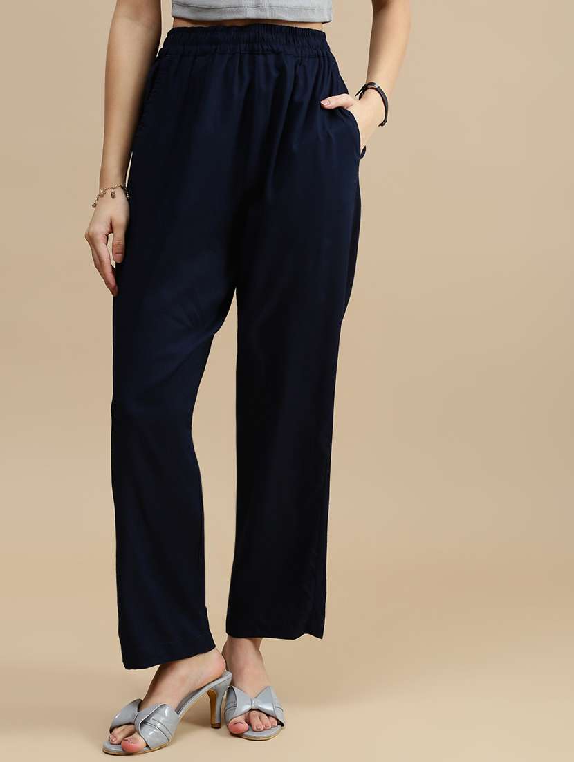 women solid mid rise straight trouser