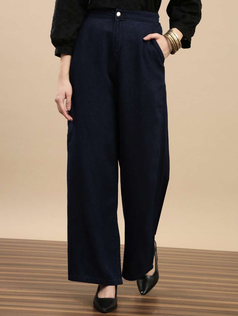 women solid mid rise wide leg trouser