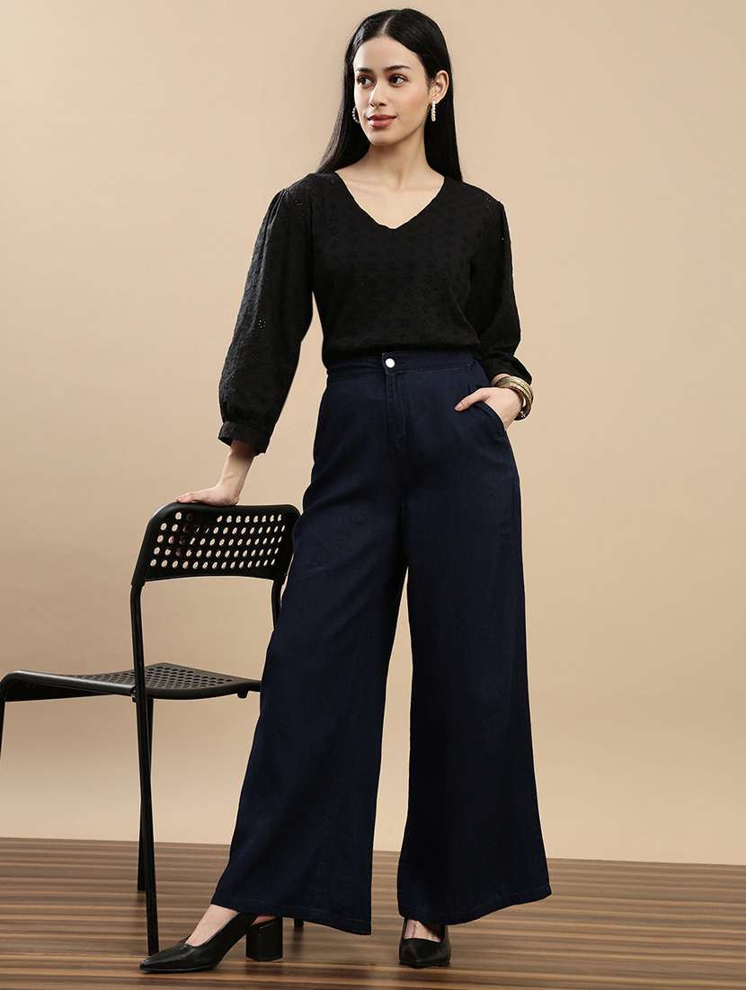 women solid mid rise wide leg trouser - 22143819 -  Standard Image - 3