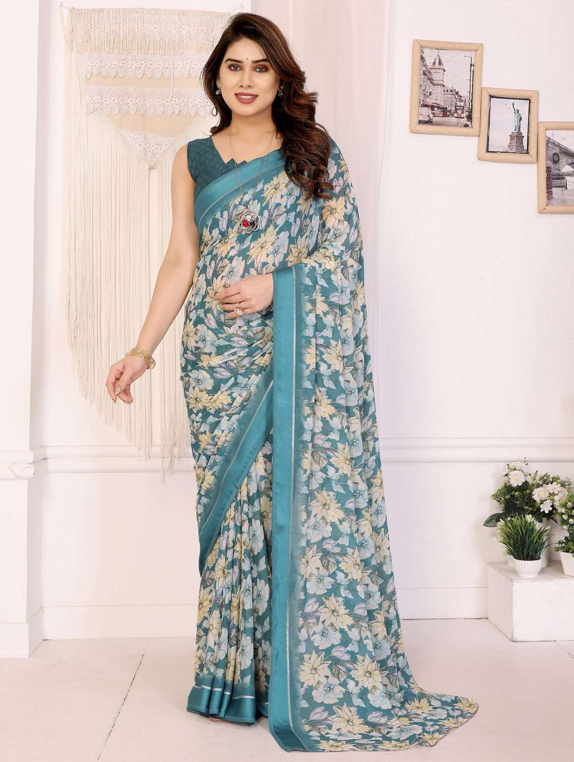 women floral printed saree with blouse