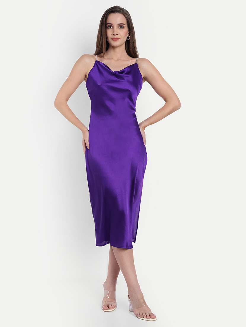 women solid cowl neck shoulder strap sheath dress - 22143946 - Zoom Image - 0
