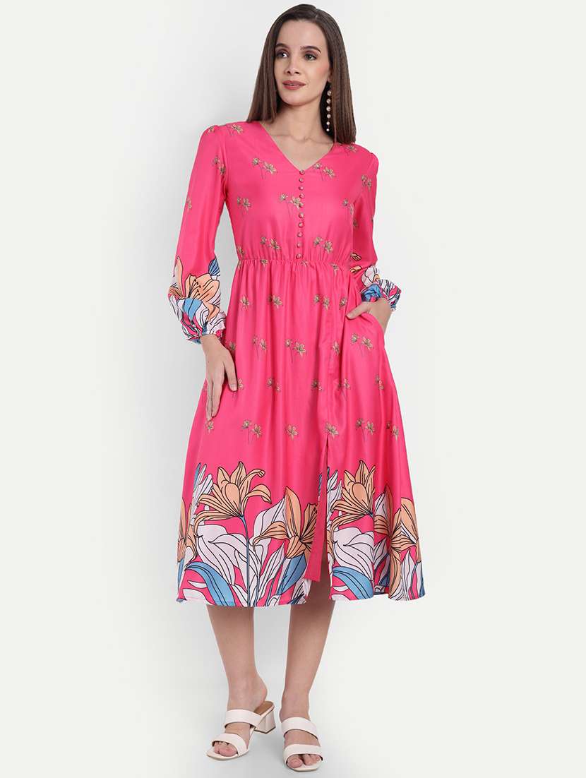 women printed puff sleeve a-line dress - 22143948 -  Zoom Image - 0