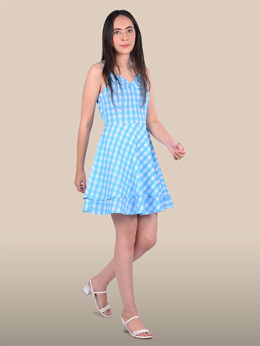women checkered shoulder strap tiered dress