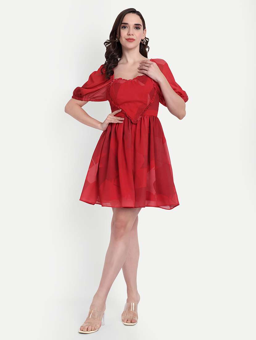 women red solid puff sleeve a-line dress - 22143960 - Zoom Image - 0