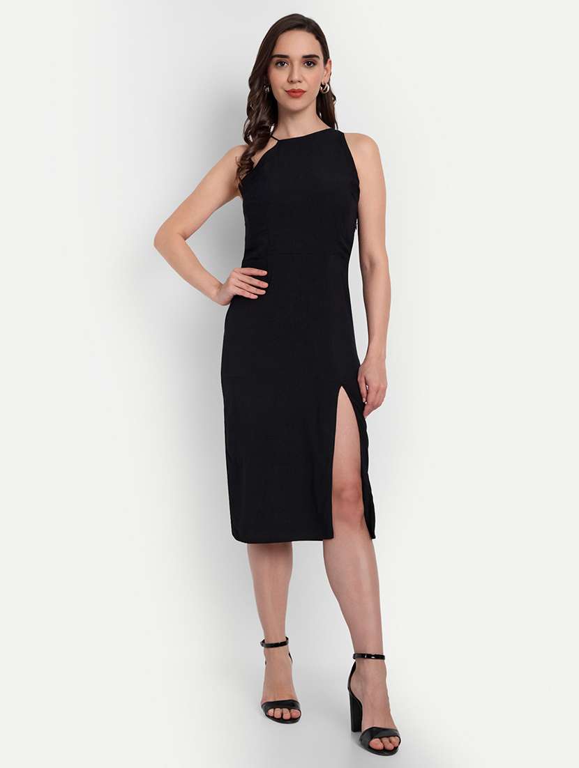 women black solid single shoulder bodycon dress
