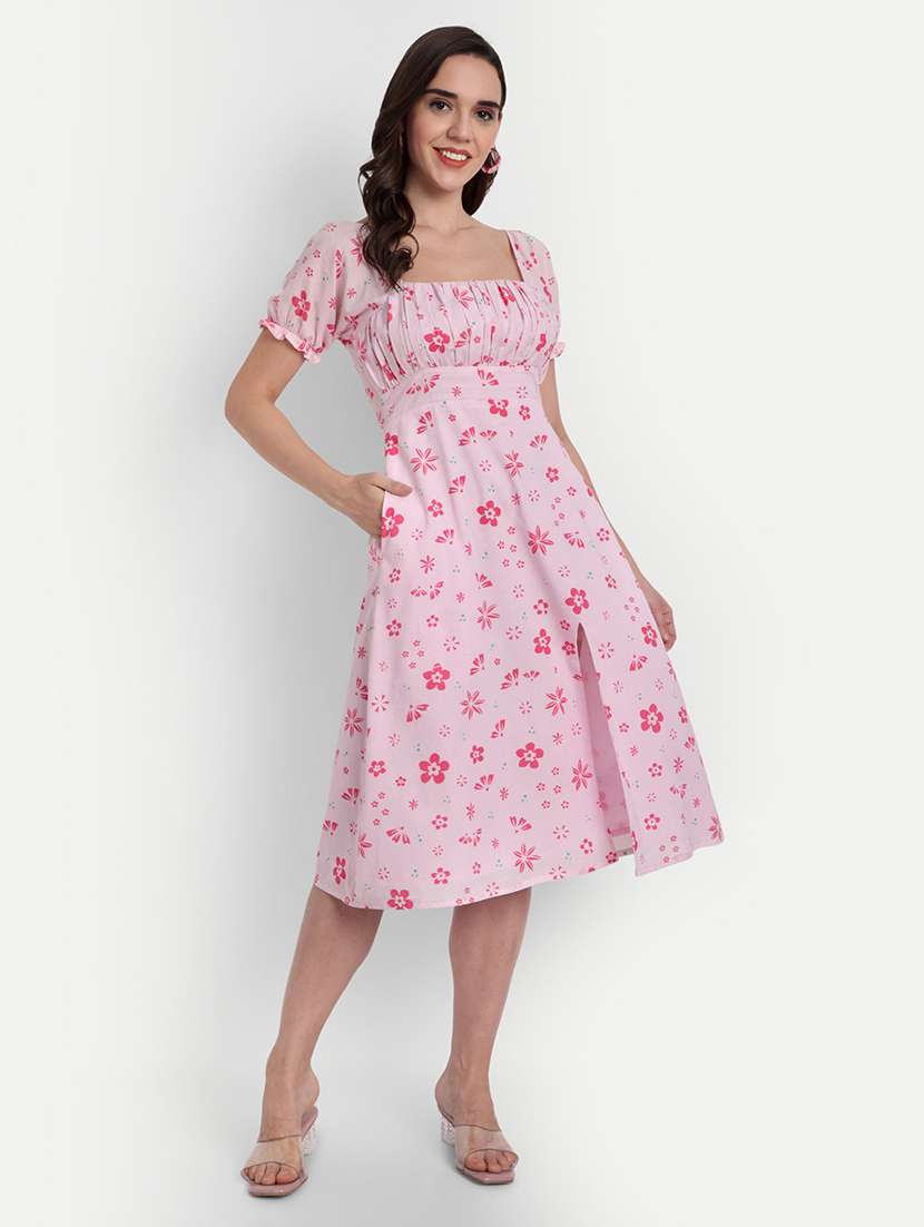 women floral print puff sleeve a-line dress