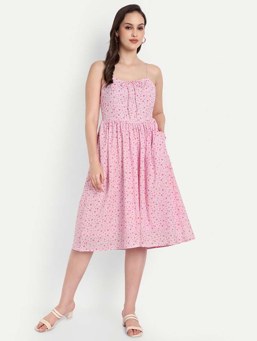 women printed shoulder strap a-line dress