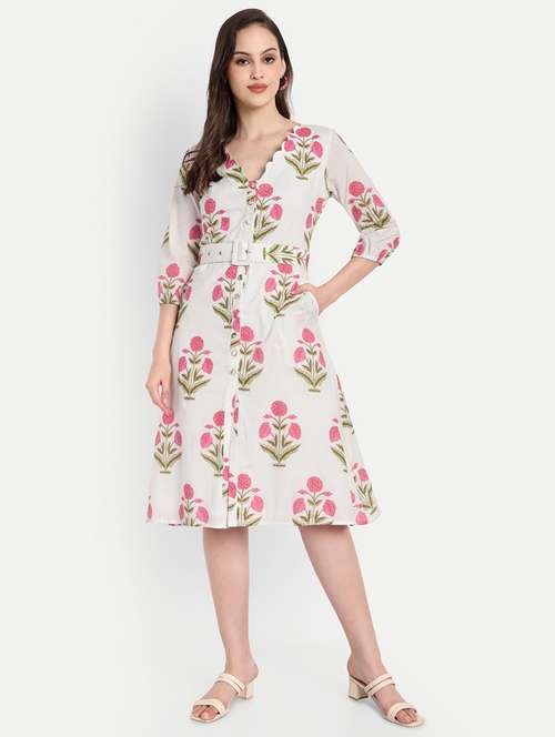 women floral print three quarter sleeve belted shirt dress - 22143969 - Standard Image - 0