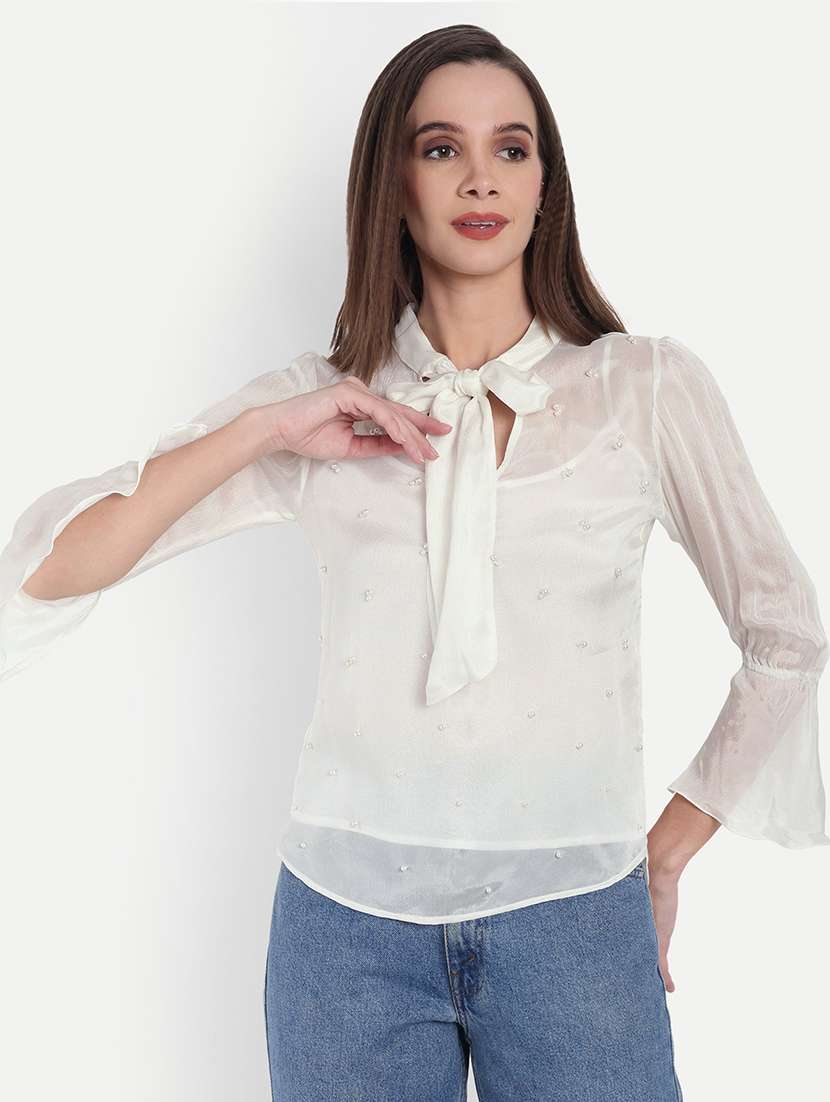 women embellished bell sleeve sheer top - 22143982 - Zoom Image - 0