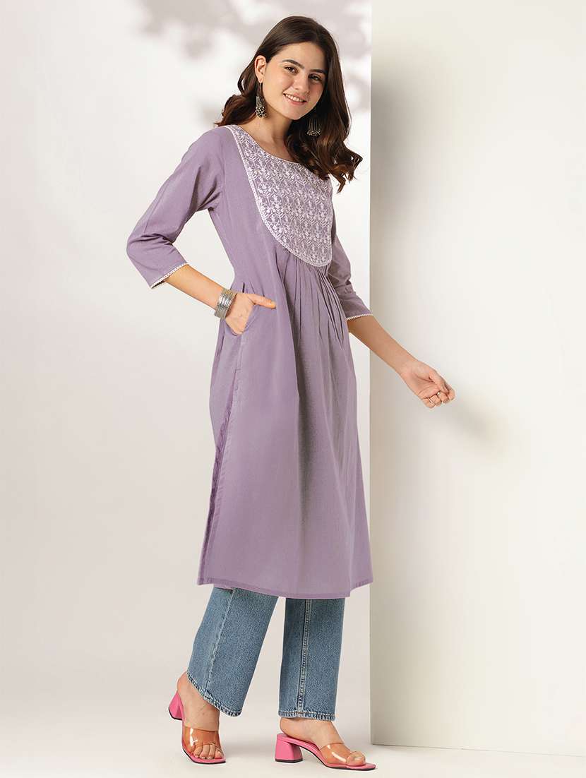 women embroidered three quarter sleeve a-line kurta - 22144652 -  Standard Image - 3