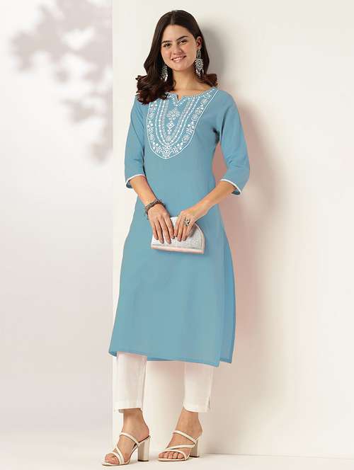 women embroidered three quarter sleeve straight kurta - 22144657 -  Standard Image - 0