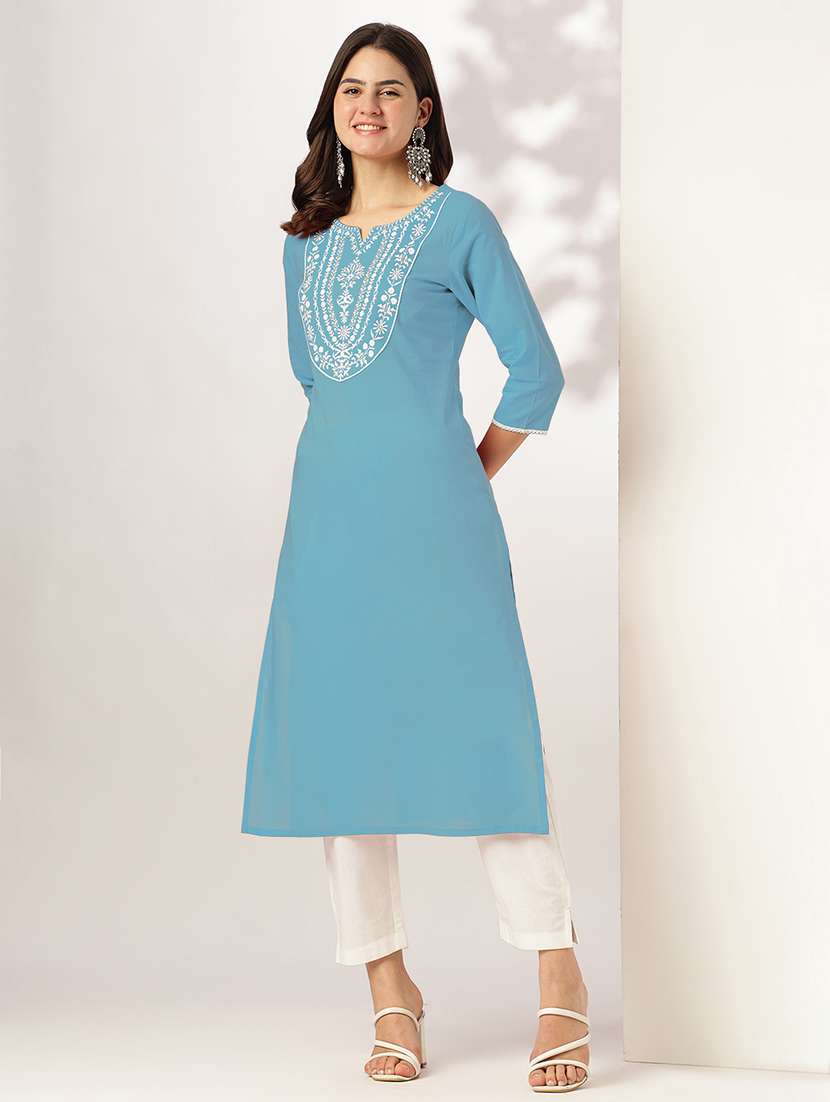 women embroidered three quarter sleeve straight kurta - 22144657 -  Standard Image - 3
