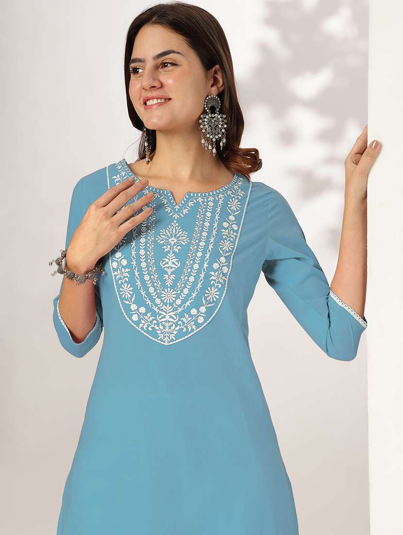 women embroidered three quarter sleeve straight kurta - 22144657 -  Standard Image - 5