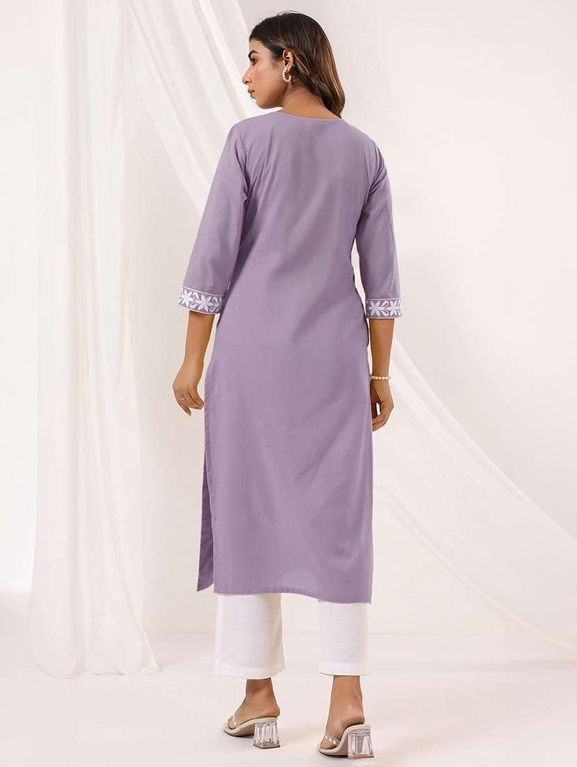women embroidered three quarter sleeve straight kurta - 22144658 -  Standard Image - 3