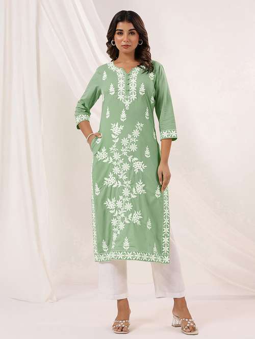 women embroidered three quarter sleeve straight kurta - 22144659 - Standard Image - 0