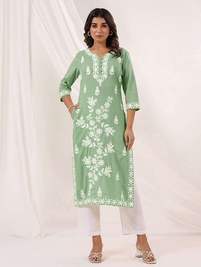 women embroidered three quarter sleeve straight kurta - 22144659 - Zoom Image - 0