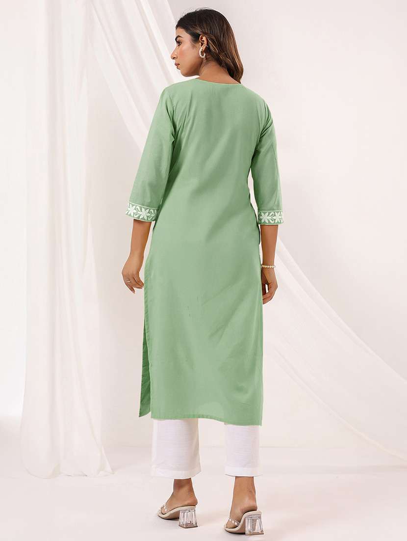 women embroidered three quarter sleeve straight kurta - 22144659 - Standard Image - 3