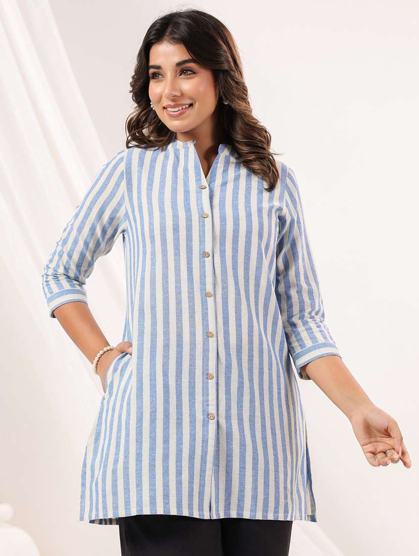 women striped three quarter sleeve straight kurti