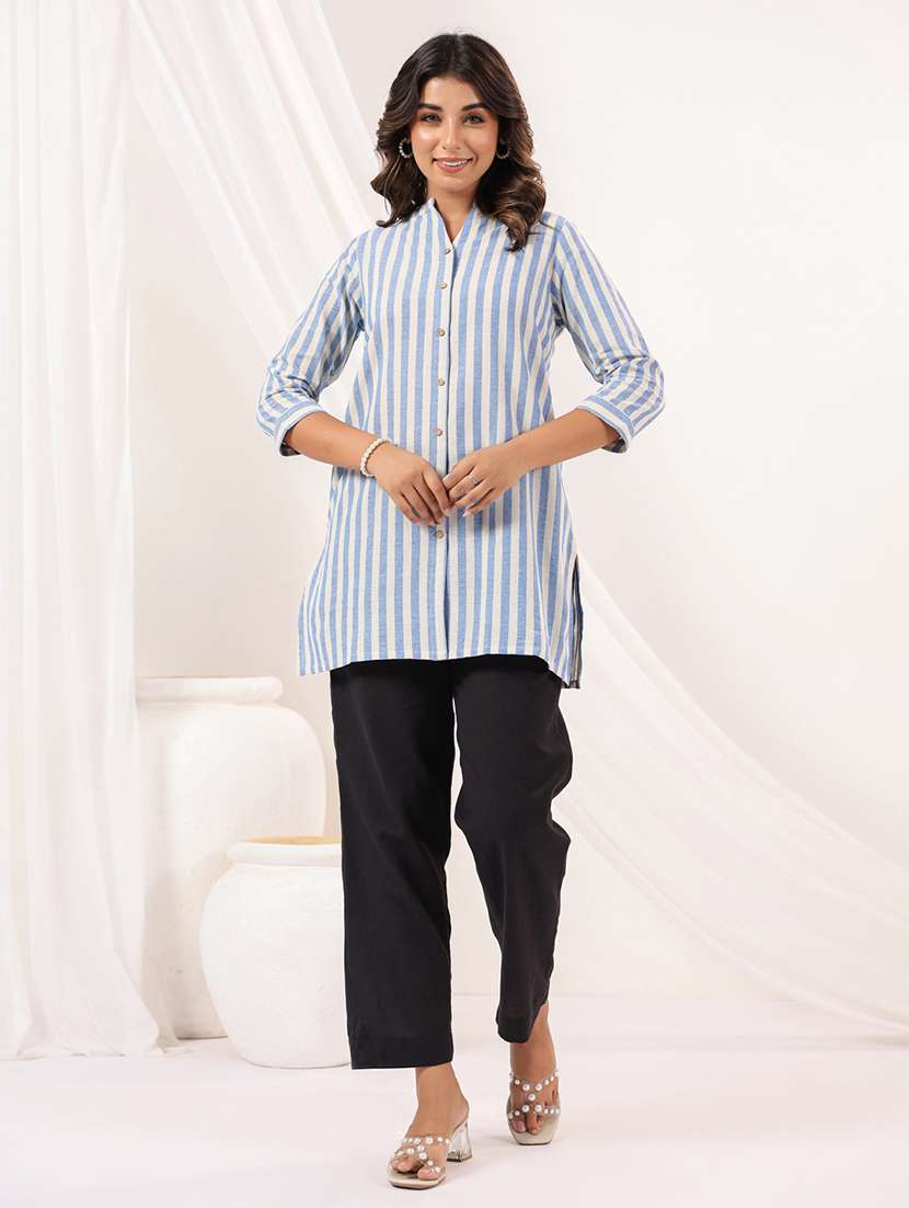 women striped three quarter sleeve straight kurti - 22144661 -  Standard Image - 3