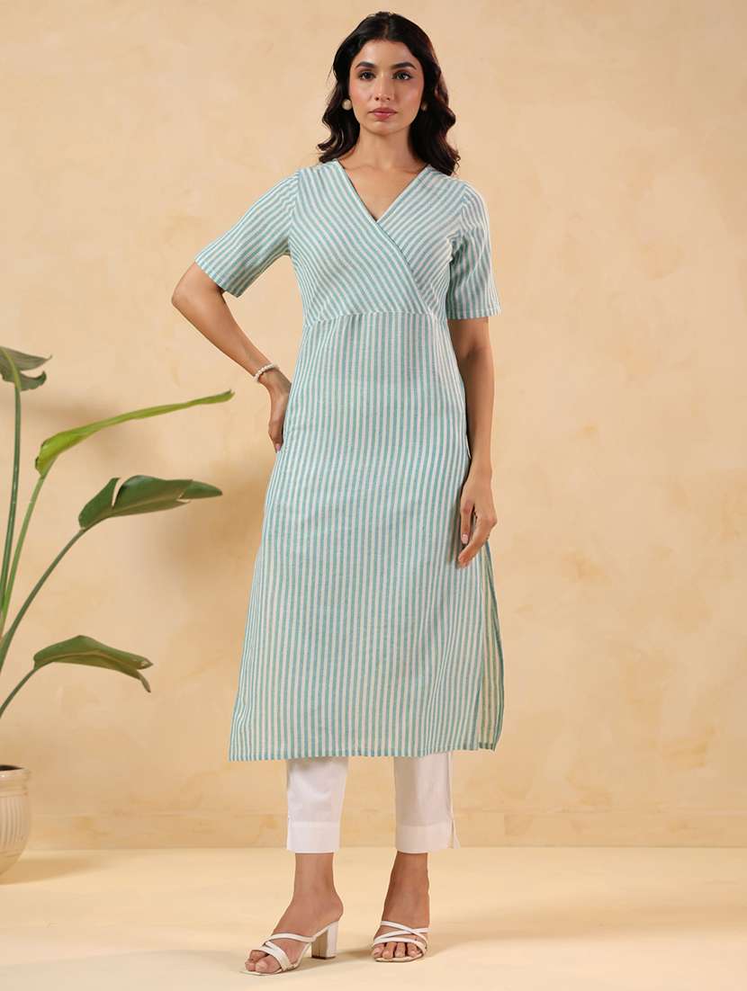 women striped short sleeve straight kurta - 22144662 -  Zoom Image - 0