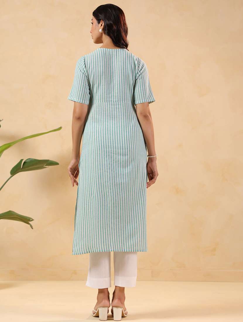 women striped short sleeve straight kurta - 22144662 -  Standard Image - 3