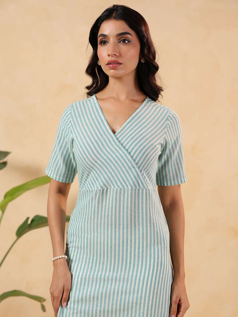women striped short sleeve straight kurta - 22144662 -  Standard Image - 5