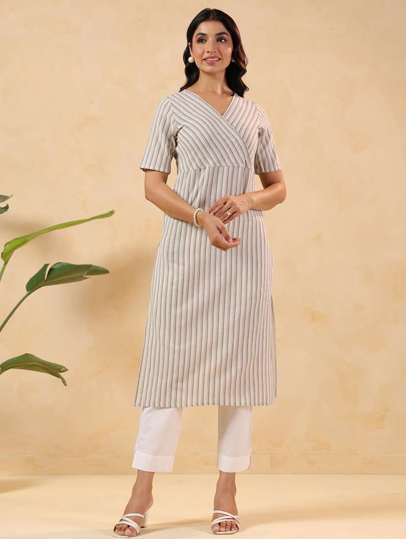 women striped short sleeve straight kurta