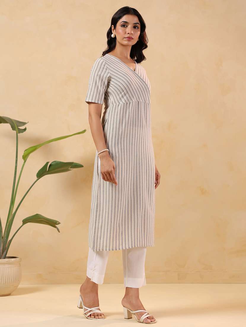 women striped short sleeve straight kurta - 22144663 -  Standard Image - 3