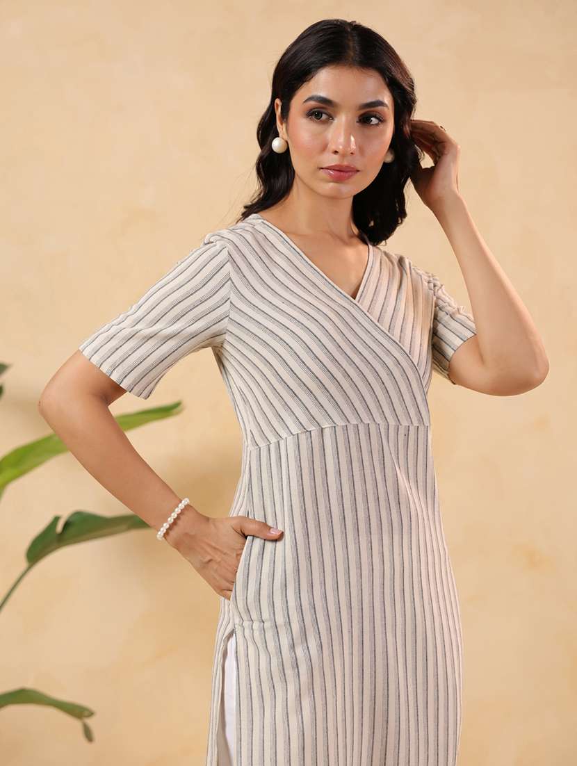 women striped short sleeve straight kurta - 22144663 -  Standard Image - 5