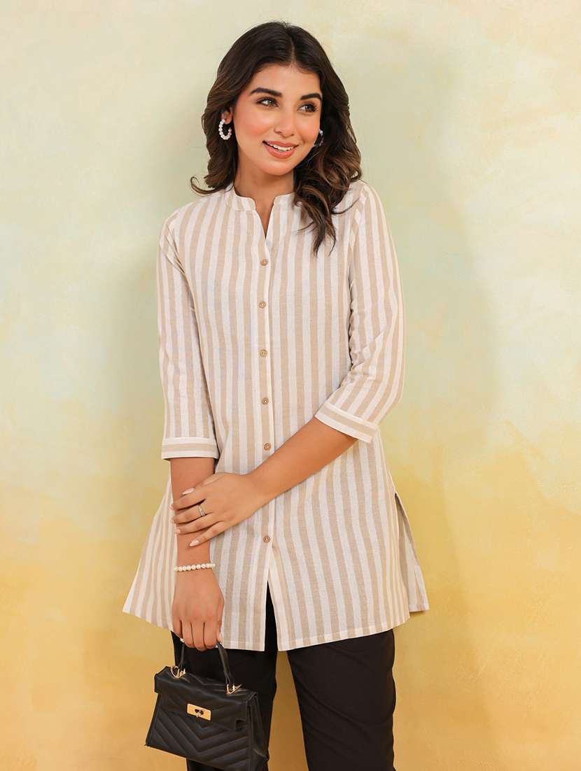 women striped three quarter sleeve straight kurti