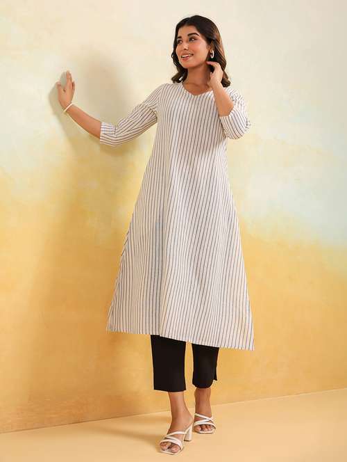 women striped three quarter sleeve a-line kurta - 22144666 - Standard Image - 0