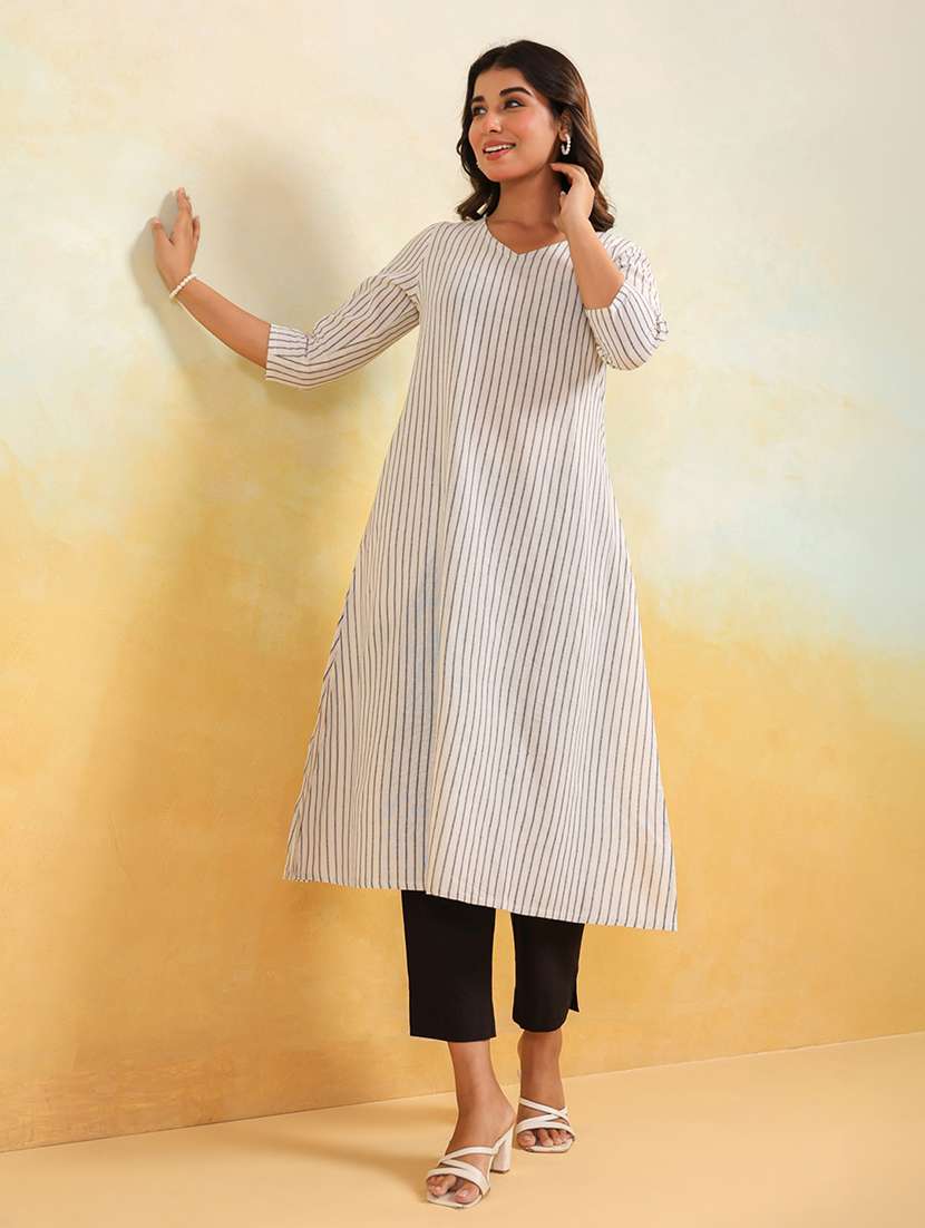 women striped three quarter sleeve a-line kurta - 22144666 - Zoom Image - 0