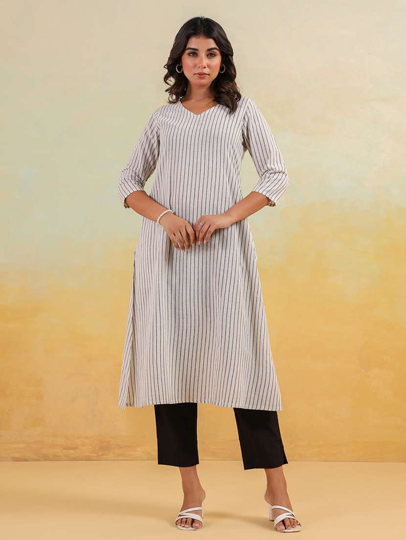 women striped three quarter sleeve a-line kurta - 22144666 - Standard Image - 3