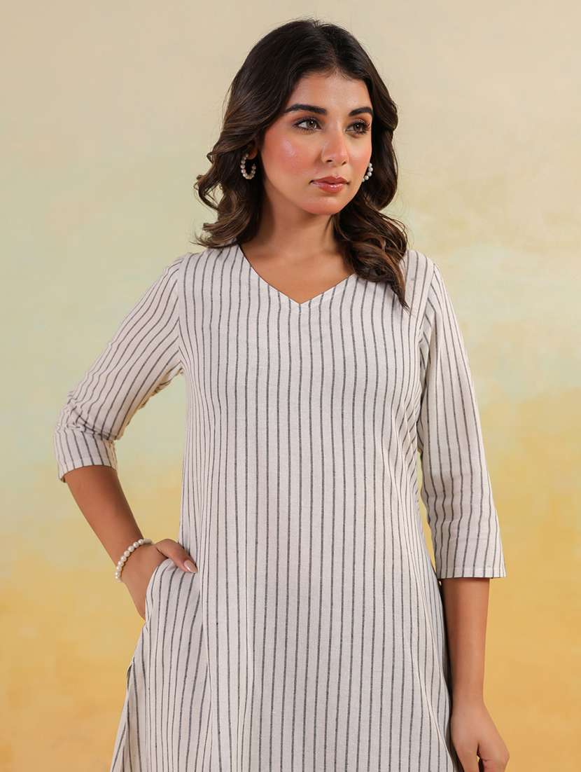 women striped three quarter sleeve a-line kurta - 22144666 - Standard Image - 5